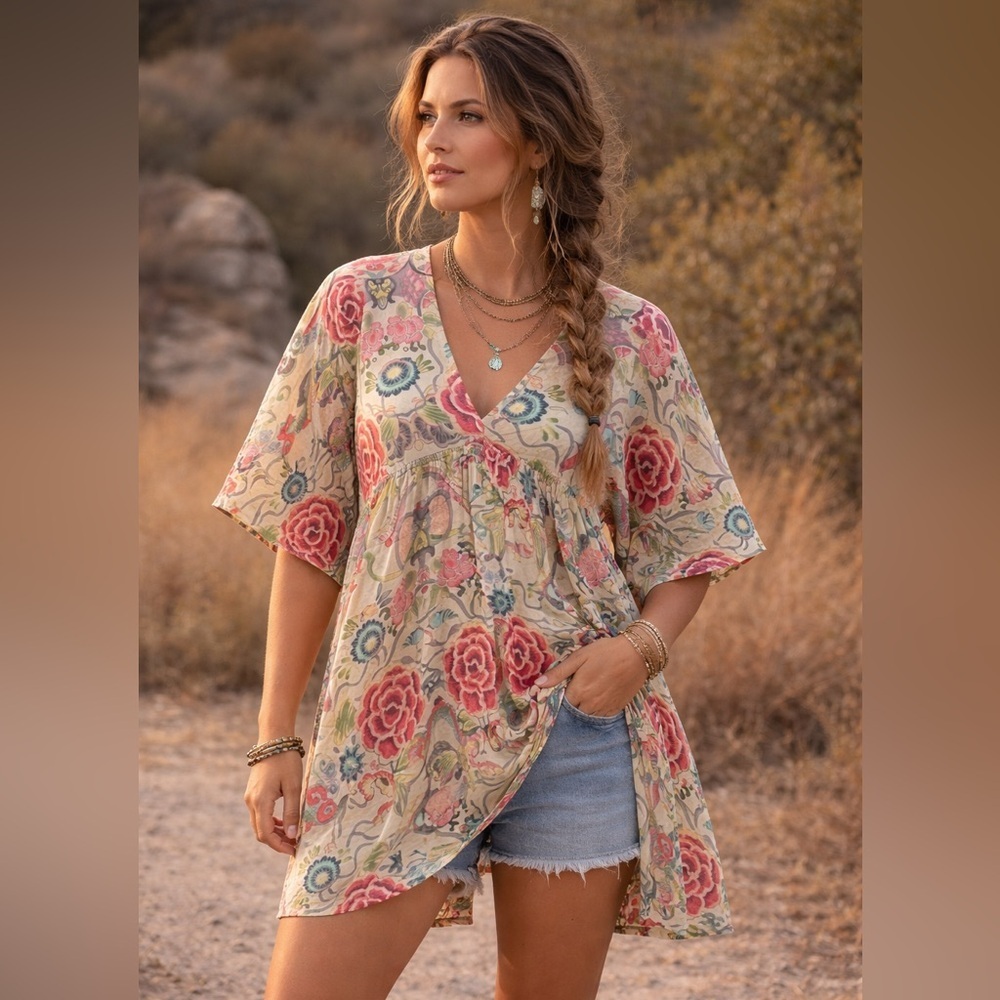 Johnny Was 100% Silk Kimono Top CoverUp Floral Size Medium